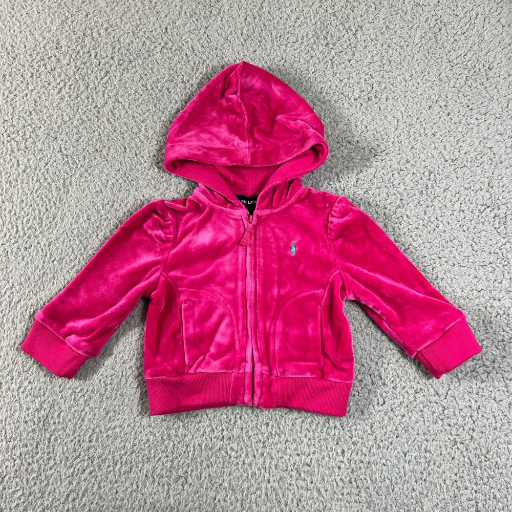 Ralph Lauren Tracksuit Girls 9M Pink Velour Zip Hoodie and Pants Set Vintage NWT